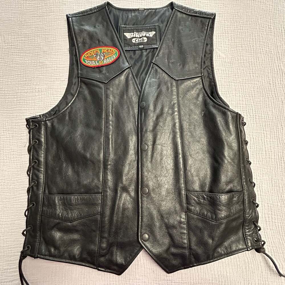 Biker's Club Black Real Leather Motorcycle Vest with Harley Owners Group